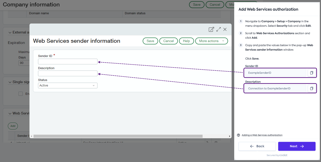 Screenshot of Sage Intacct interface displaying the Web Services sender information window. Next to it, an image of the connection flow is added with Sender ID and Description fields visible. There are arrows showing the process of copying and pasting Sender ID and Description values from the flow to the Sage Intacct window.